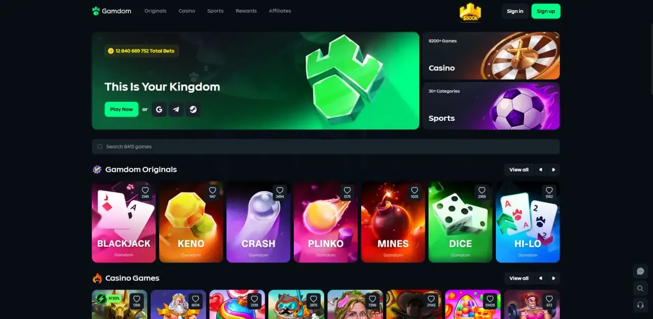 Gamdom casino lobby in English showing Gamdom Originals, the Casino and Sports sections