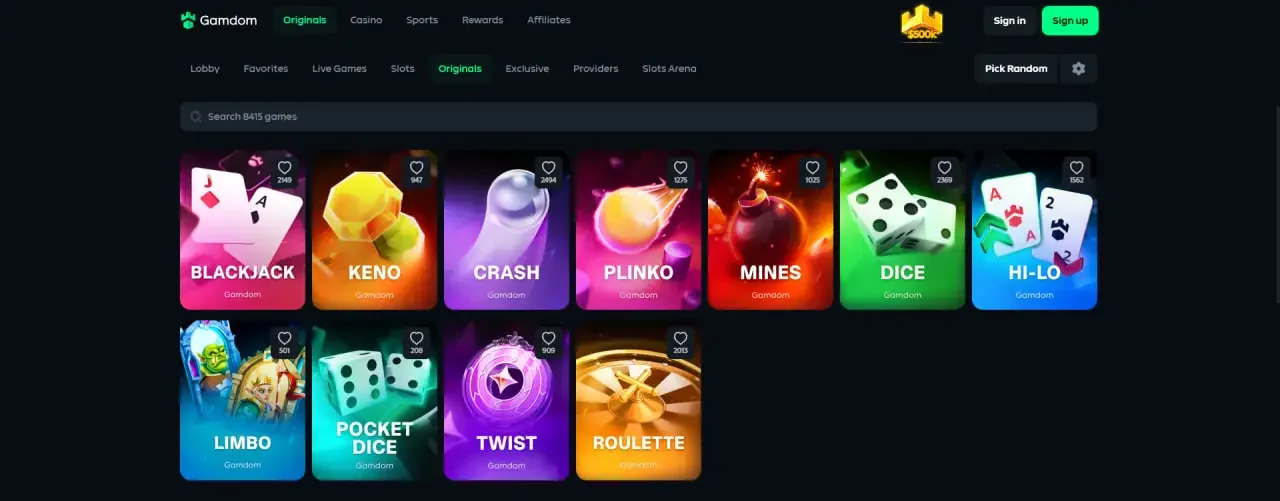 Gamdom Originals in the English lobby: Blackjack, Keno, Crash, Plinko, Mines, Dice, Hi-Lo, Limbo, Pocket Dice, Twist and Roulette