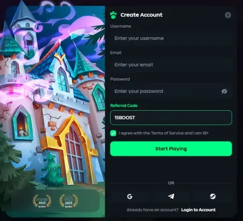 Gamdom Create Account form in English with promo code 15BOOST entered in the Referral Code field