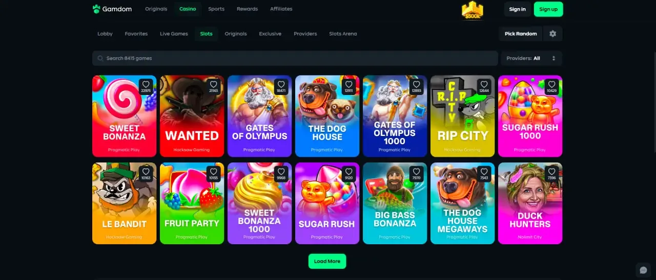 Gamdom slots lobby in English showing Sweet Bonanza, Wanted Dead or a Wild, Gates of Olympus, The Dog House, Sugar Rush and more