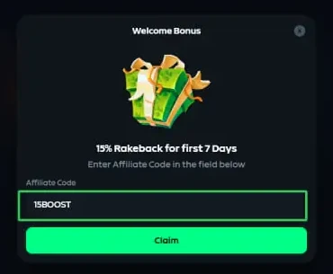 Gamdom Welcome Bonus window for 15% Rakeback with 15BOOST typed in the Affiliate Code field and a Claim button